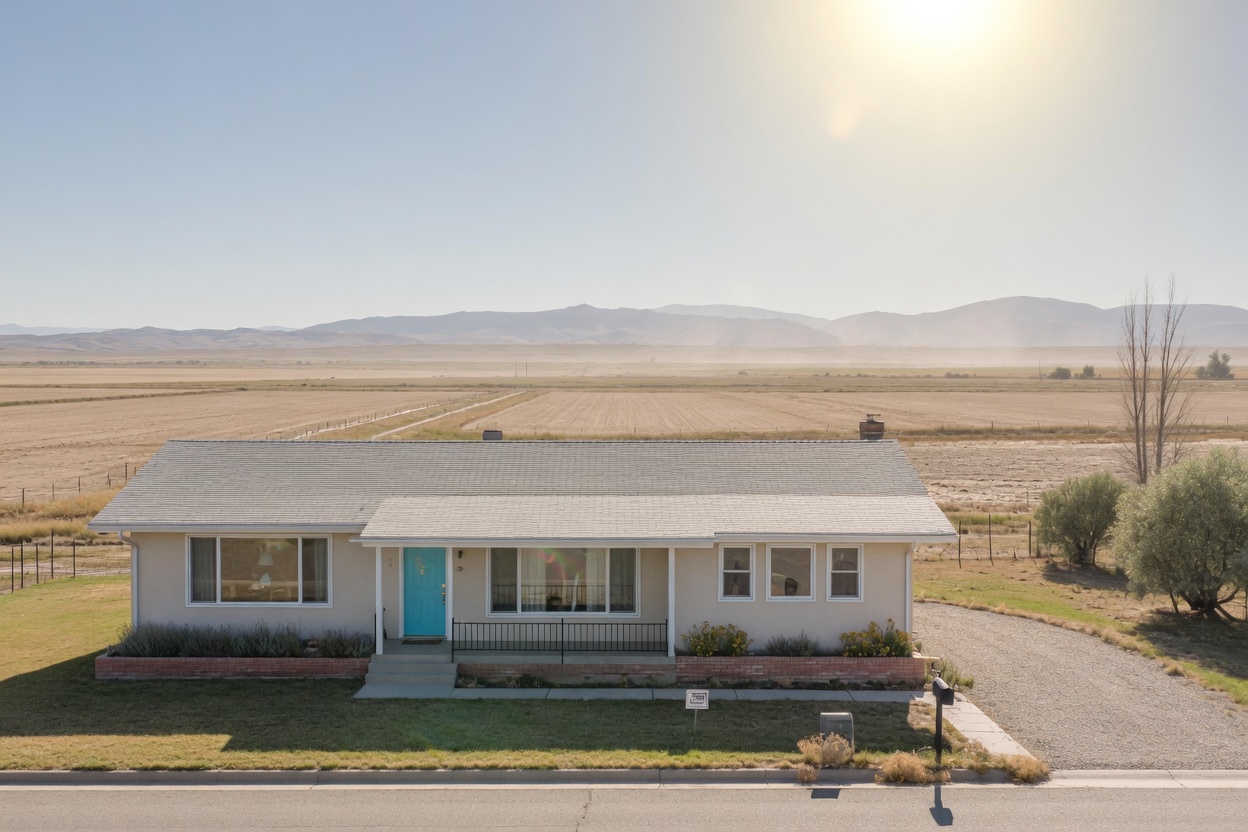 Dusty ranch home windows in July heat near Worland, Wyoming