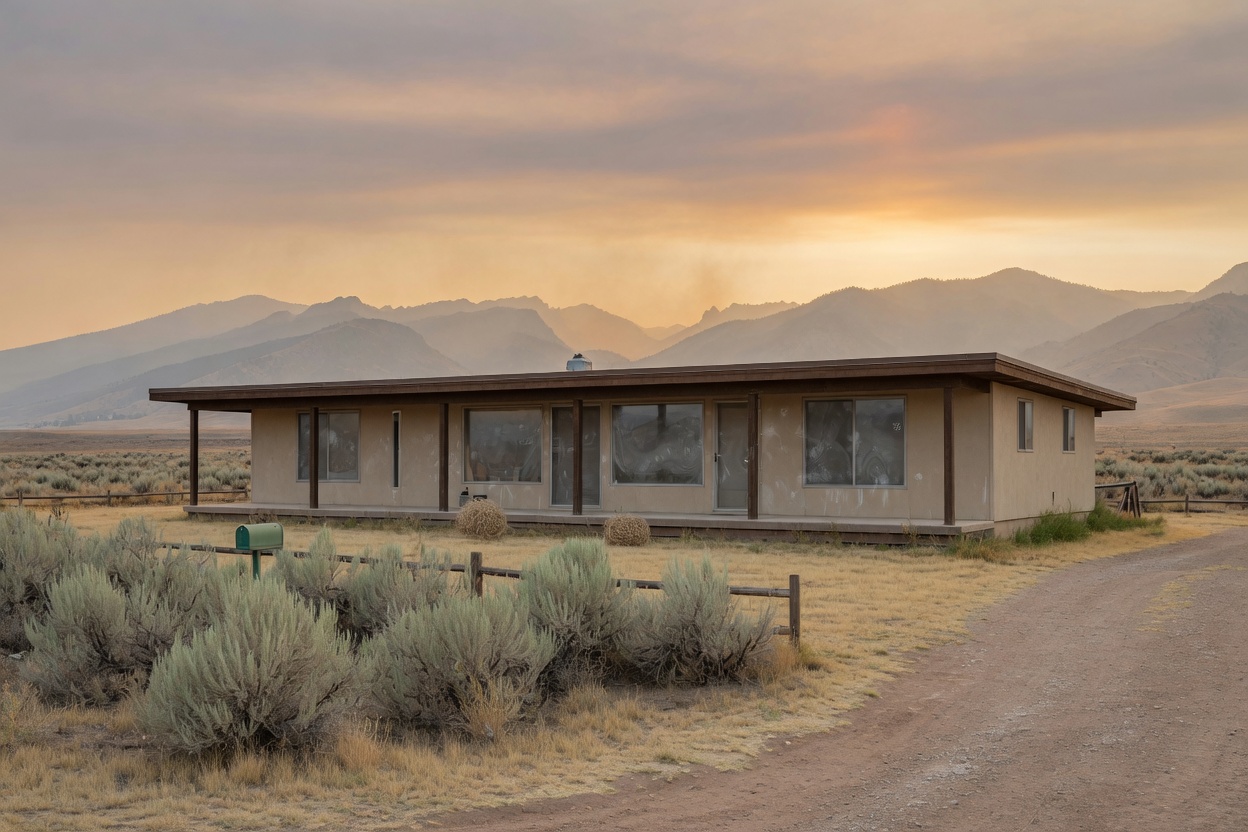 Ranch home near Cody, Wyoming, under late-August wildfire haze with dusty picture windows facing the Absaroka foothills